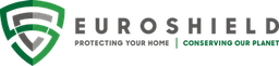 EuroShield logo featuring a green shield and modern typography for eco-friendly roofing.